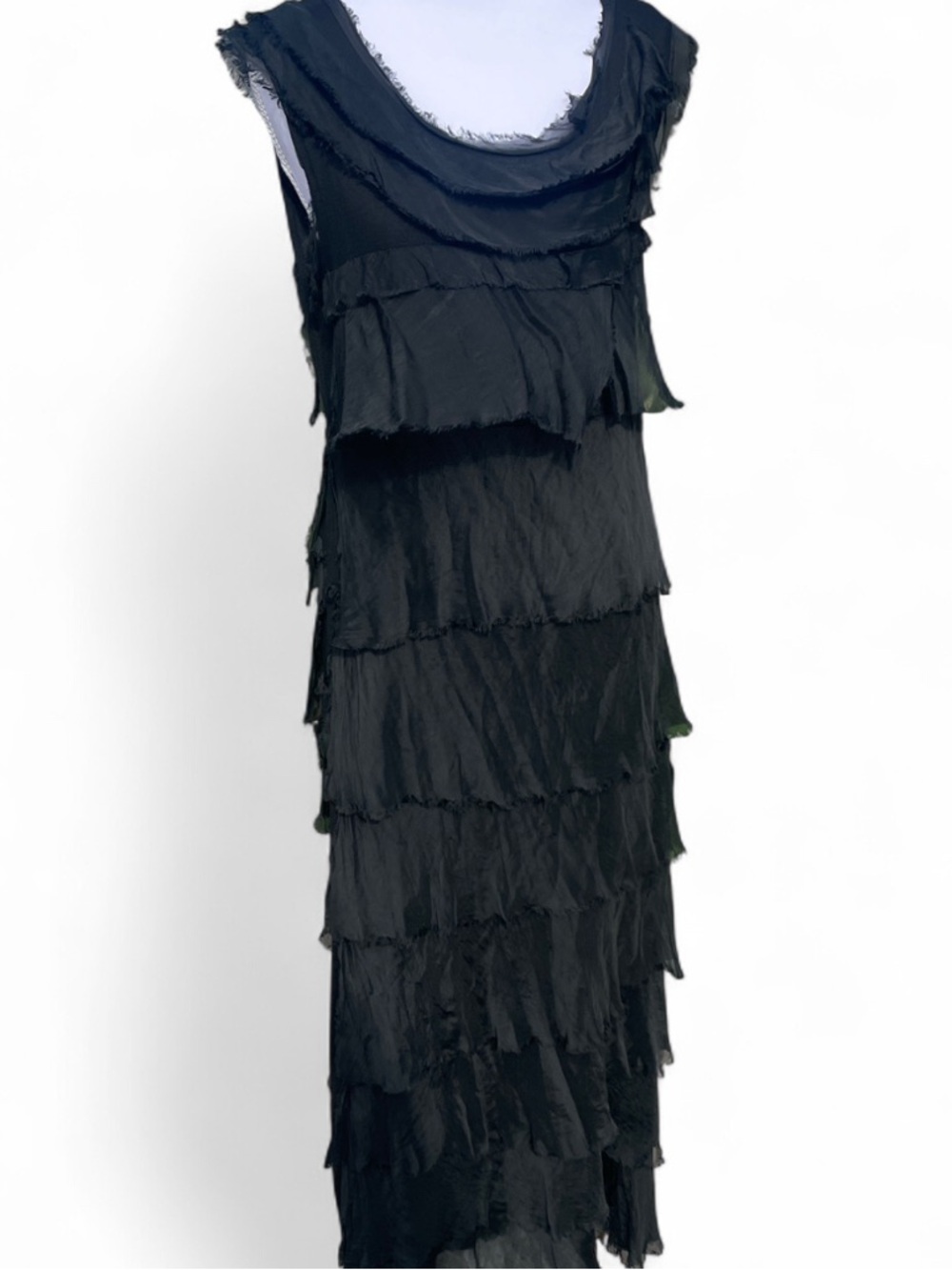 Siena Ruffle Black Tiered Sleeveless Maxi Dress - 100% Silk Layers - Picture 4 of 7
